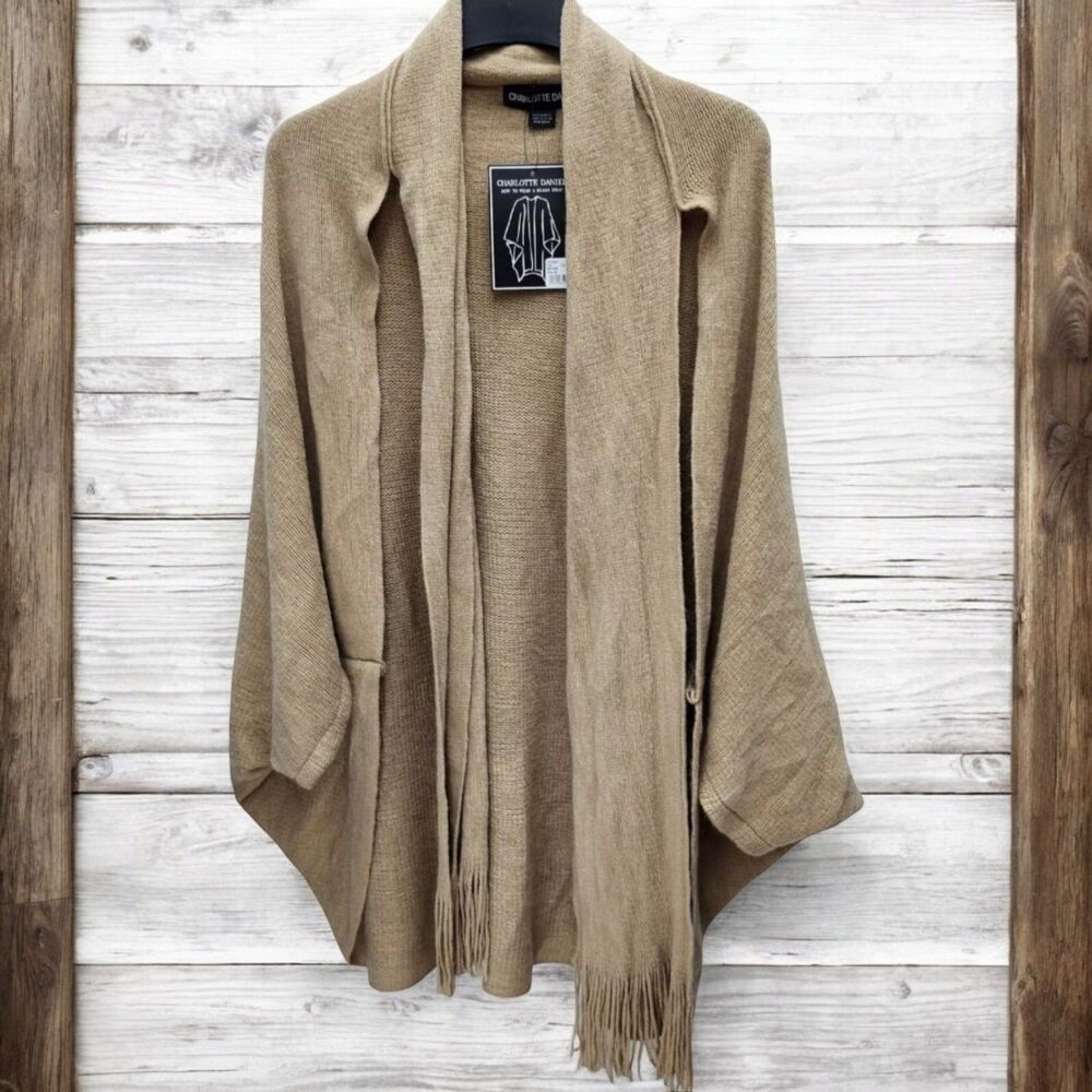 Charlotte Daniel Womens Ruana Wrap Sweater Attached Scarf Sand New Minimalist